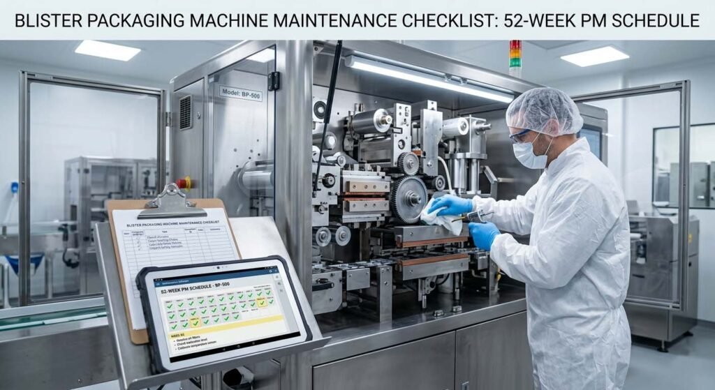 A maintenance engineer in a cleanroom performing a preventive maintenance task on a BP-500 blister packaging machine. A tablet in the foreground displays a digital 52-week PM schedule with green checkmarks.