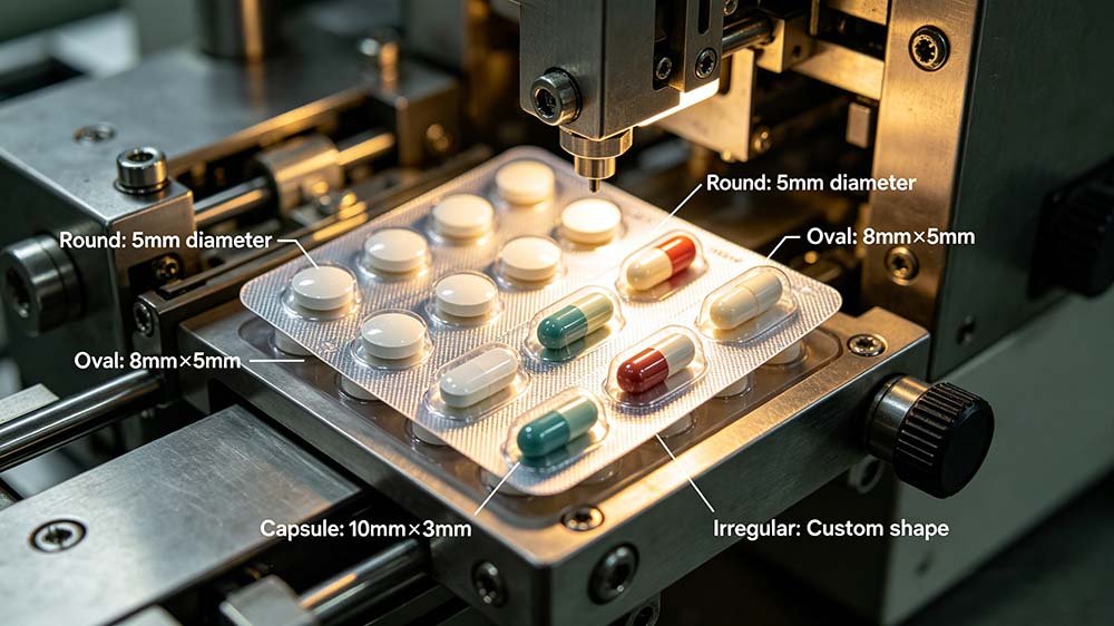 A pharmaceutical blister sheet under processing, highlighting various mold sizes from 5mm round tablets to custom-shaped irregular pills.