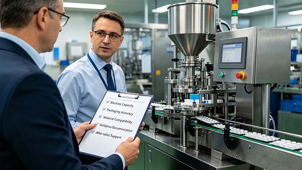 On-site inspection of equipment specifications for blister packaging machine supplier evaluation including capacity and accuracy.