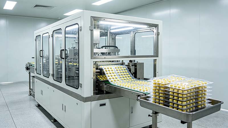 Protective enclosure of a pharmaceutical machine creating individual seals to maintain tablet shelf-life and stability.