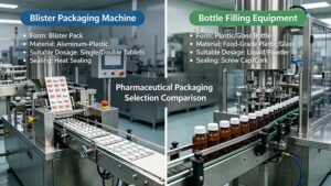Split-screen image showing the difference between pill blister packaging and traditional bottle filling containers.