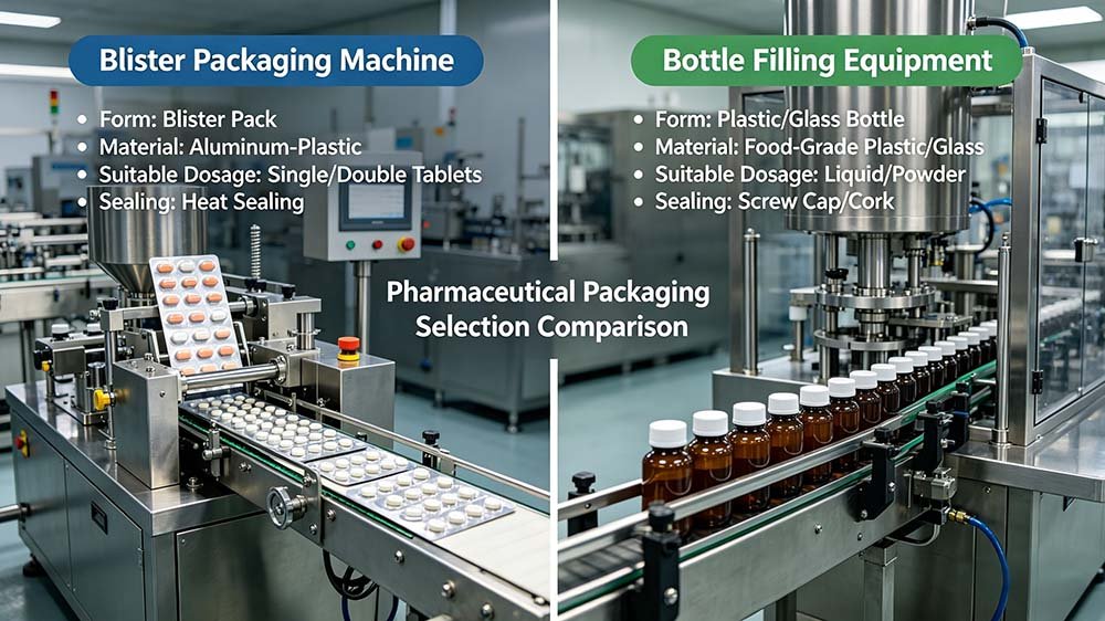 Split-screen image showing the difference between pill blister packaging and traditional bottle filling containers.