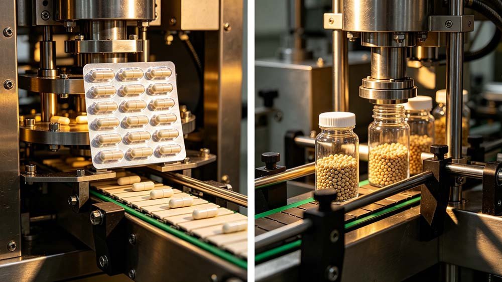 High-quality visual of blister packs vs bottle packaging for capsules, used as a guide for pharmaceutical equipment selection.