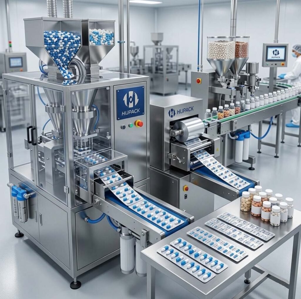 Side-by-side view of a blister packaging machine, a strip packing machine, and a bottle filling line, with finished samples on a laboratory table.