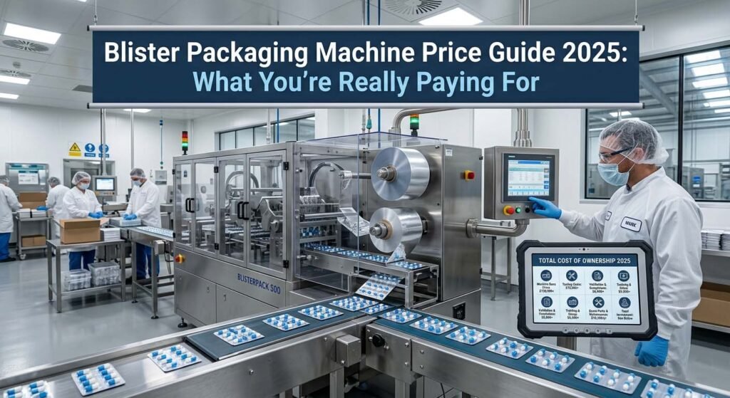 Close-up view of a ruggedized tablet with a price breakdown infographic and an operating blister packaging machine in a GMP cleanroom. The image illustrates the real costs associated with the equipment.