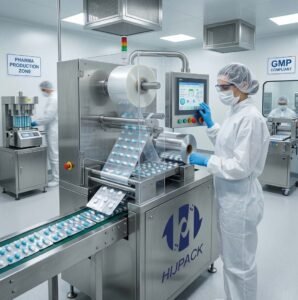 Close-up view of an operational high-speed HIJPACK blister packer, showing transparent PVC forming with light blue capsules and a finished product conveyor belt.