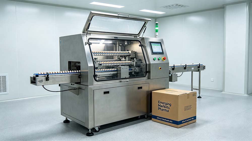 High-performance equipment for capsule blister packaging in developing markets pharma, ready for export to global regions.