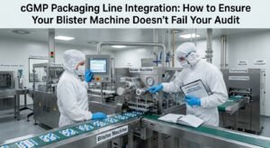 Two pharmaceutical quality compliance officers in full cleanroom gear inspecting a cGMP-compliant blister packaging machine. One officer points to a critical component while holding an audit checklist, as blue and white capsule blister packs move along the conveyor.