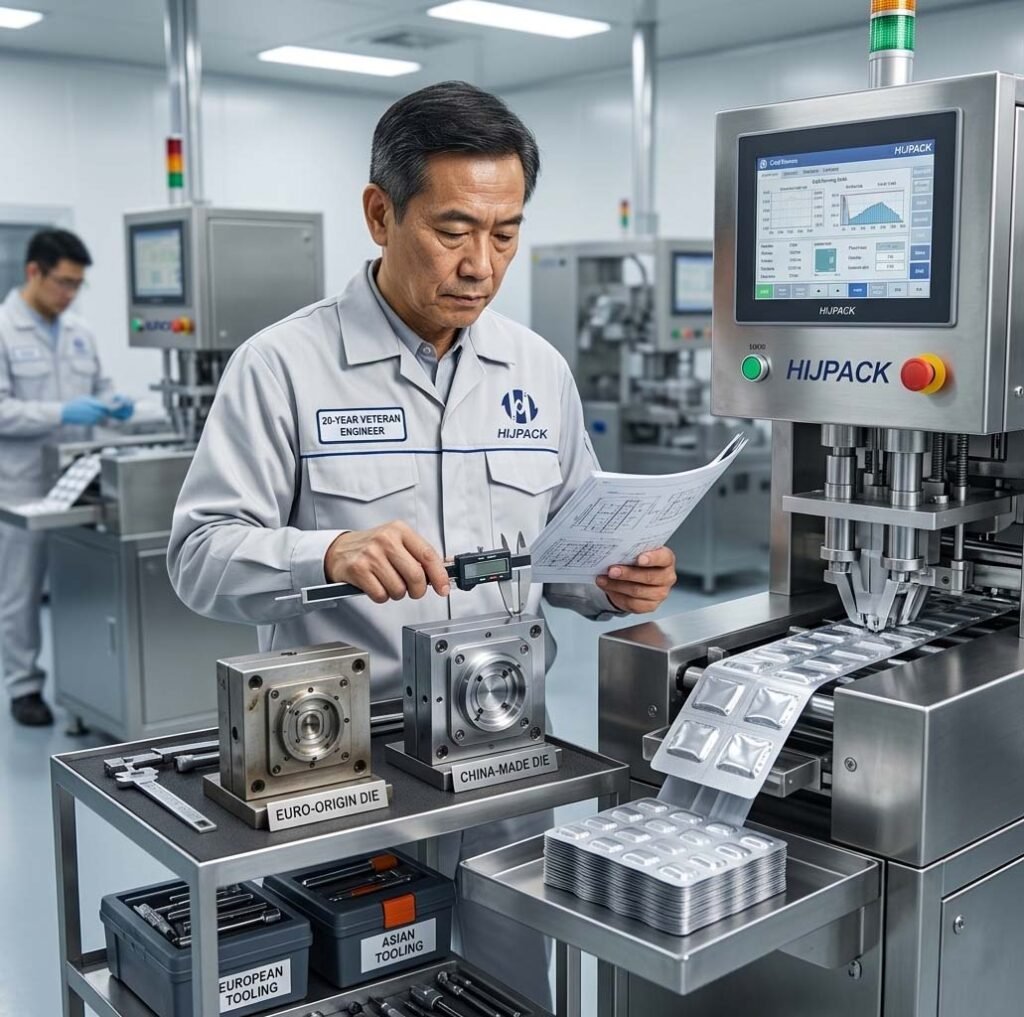 Expert technical analysis showing Euro-origin and China-made tooling side-by-side with an operating Alu-Alu blister machine.