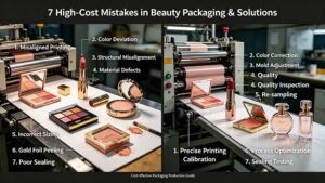 An industrial chart showing how to fix cosmetic packaging mistakes using mold adjustments, precise calibration, and process optimization.