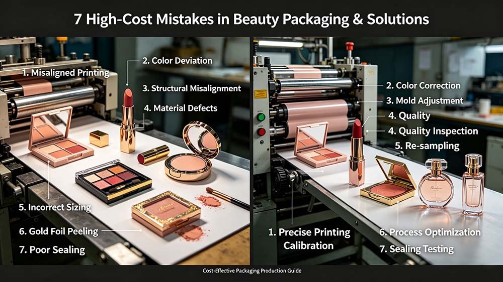 An industrial chart showing how to fix cosmetic packaging mistakes using mold adjustments, precise calibration, and process optimization.