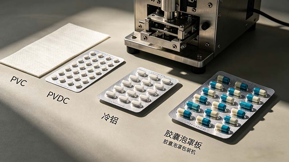 Trustar samples of blister film PVC PVDC alu-alu capsule materials for pharmaceutical stability testing.