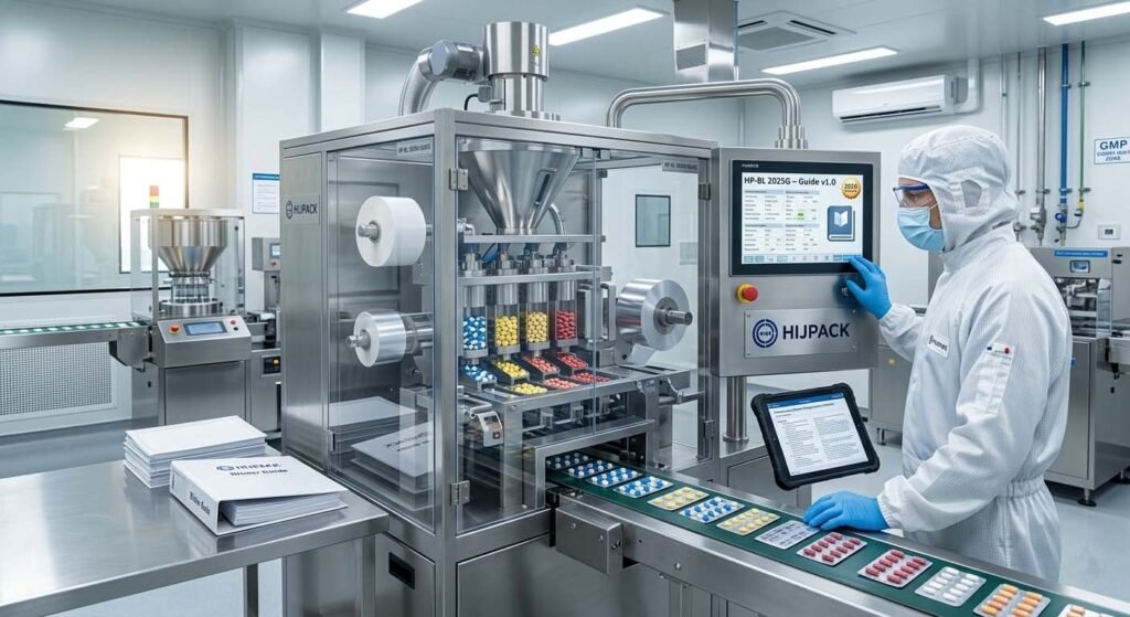 Professional pharmaceutical blister packaging line with HIJPACK machinery, showing capsules being packed and an operator reviewing a 2025 guide.