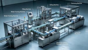 Overview of a professional turnkey pill blister packaging line showing the synchronized workflow from blister forming to final packaging。