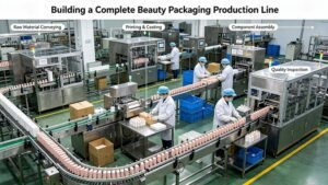 A turnkey cosmetic packaging production line featuring advanced automation for printing, coating, and assembly in a modern facility.