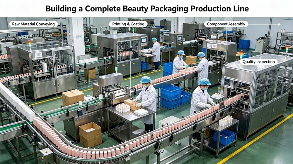 A turnkey cosmetic packaging production line featuring advanced automation for printing, coating, and assembly in a modern facility.
