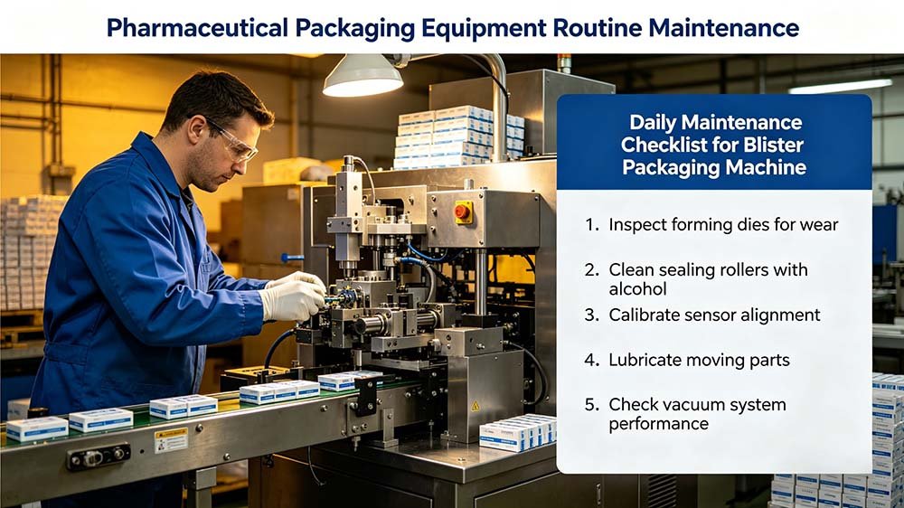 A bar chart and table showing the distribution of tasks and costs associated with a blister packaging machine maintenance checklist.