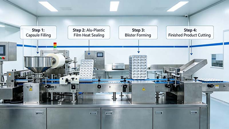 Infographic explaining how capsule blister packing machine works on a pharmaceutical production line.