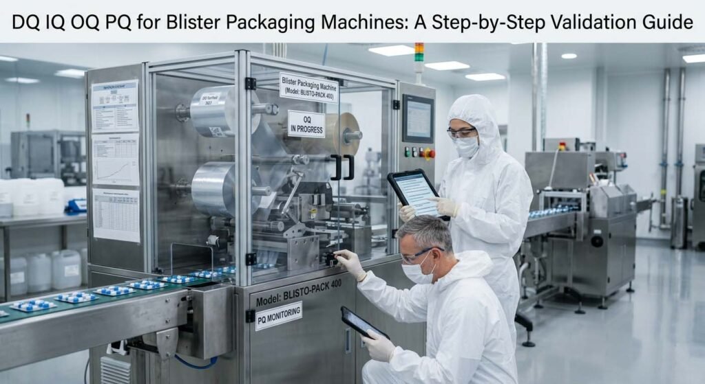 Close-up view of a ruggedized tablet with a validation checklist used during DQ/IQ/OQ/PQ validation of a pharmaceutical blister packaging machine.