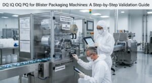 Close-up view of a ruggedized tablet with a validation checklist used during DQ/IQ/OQ/PQ validation of a pharmaceutical blister packaging machine.