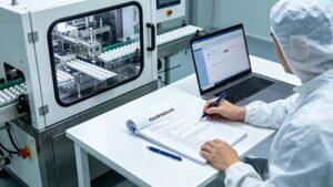 Professional planning process showing how to document a URS next to an operating tablet blister packing machine.