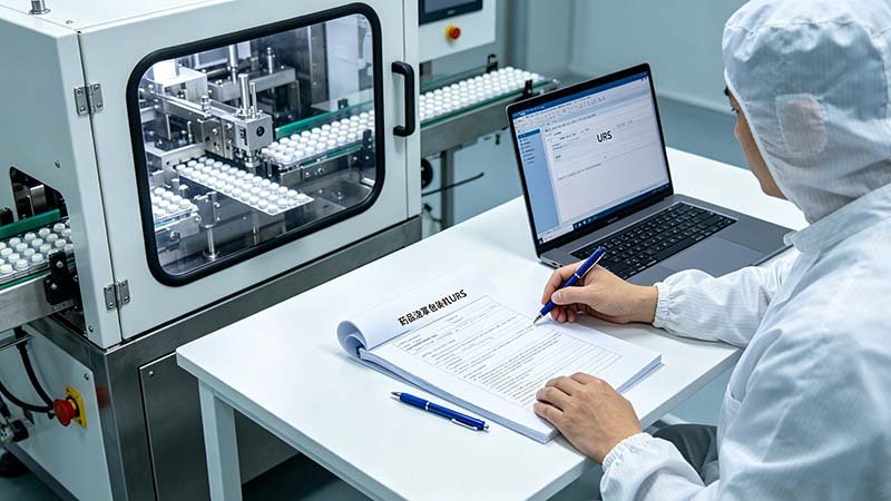 Professional planning process showing how to document a URS next to an operating tablet blister packing machine.