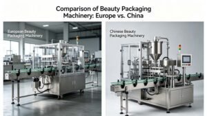 A comparison chart highlighting the cost-effective design of a Chinese beauty packaging machine versus its European equivalent.