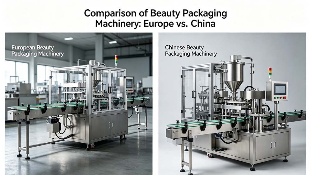 A comparison chart highlighting the cost-effective design of a Chinese beauty packaging machine versus its European equivalent.