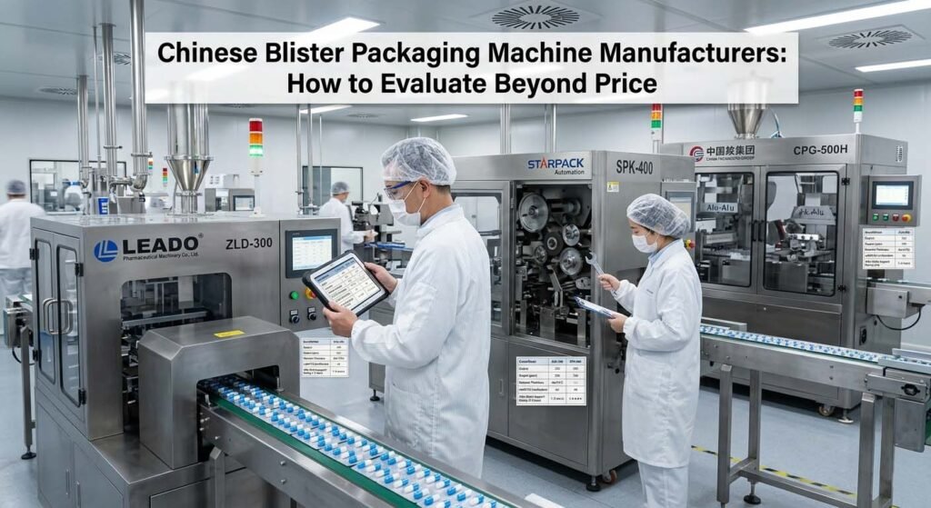 Professional engineers in a modern Chinese pharmaceutical machinery factory comparing technical specifications of various blister packaging machines. They are using tablets and checklists to evaluate build quality and performance beyond just the price.