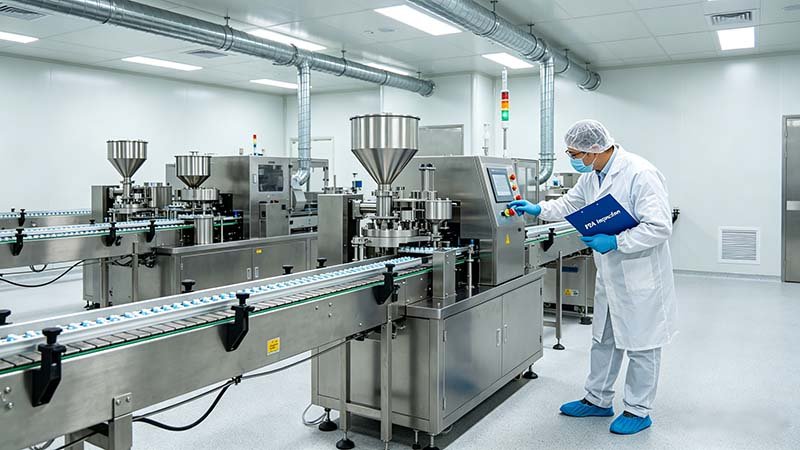 Quality assurance officer reviewing the HMI control panel settings of a tablet blister machine to ensure FDA regulatory compliance.