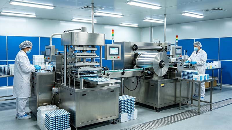 A comprehensive view of a flat die roller die tablet blister machine, showing continuous foil roller feeding combined with automated sealing.