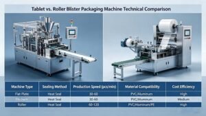 Technical data table comparing production speed, sealing methods, and material compatibility for different blister machines.
