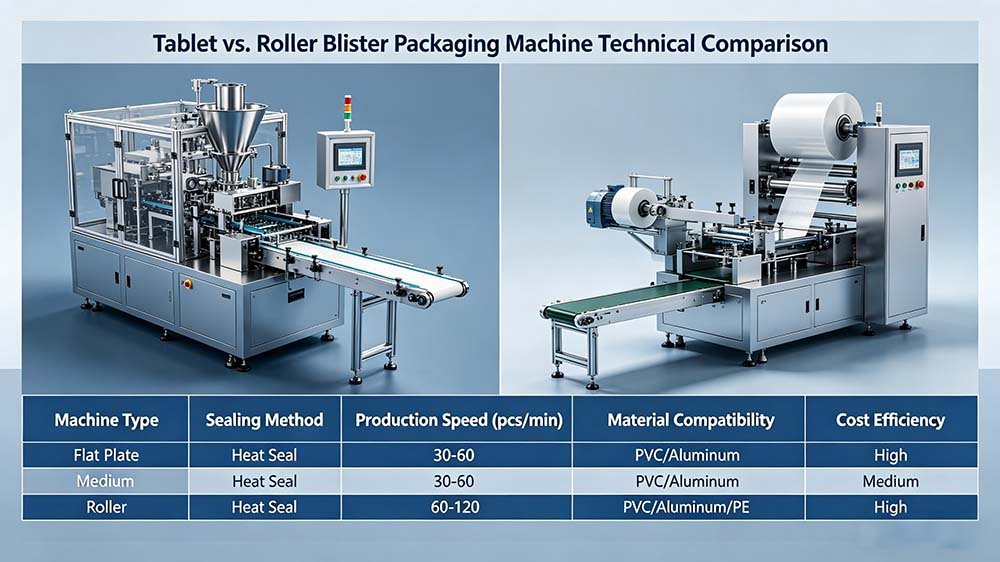 Technical data table comparing production speed, sealing methods, and material compatibility for different blister machines.