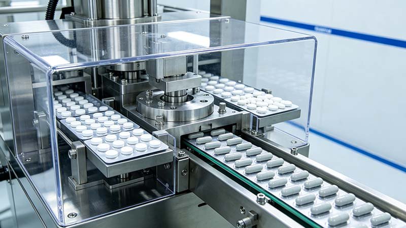 The cutting and discharge station of a Trustar packaging unit, highlighting the quick-change capabilities of a blister machine tablets capsules flexible setup.