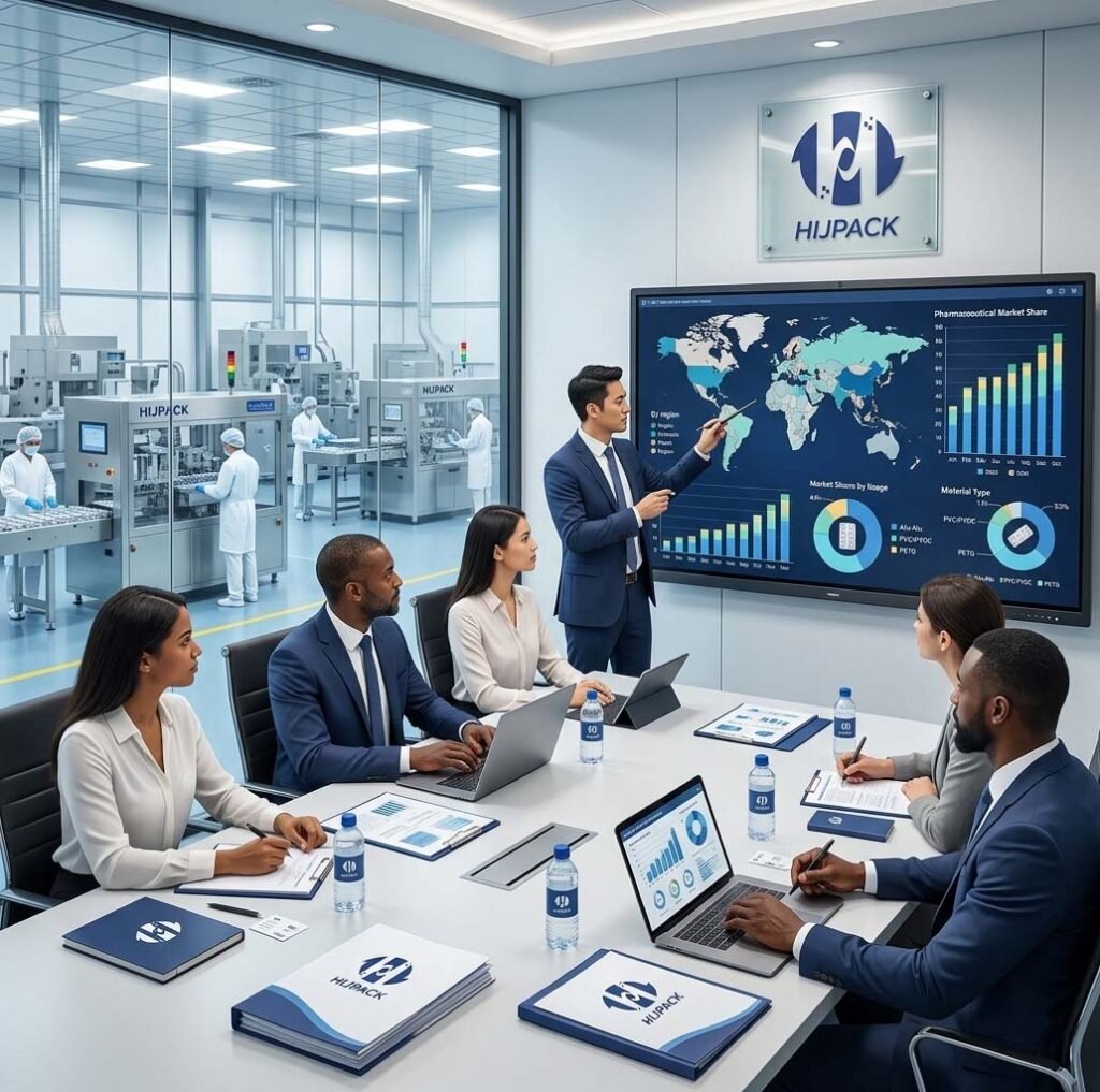 Interactive screen displaying pharma blister packaging statistics in a HIJPACK conference room with an integrated view of a clean factory floor.