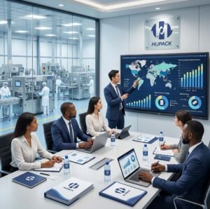 Interactive screen displaying pharma blister packaging statistics in a HIJPACK conference room with an integrated view of a clean factory floor.