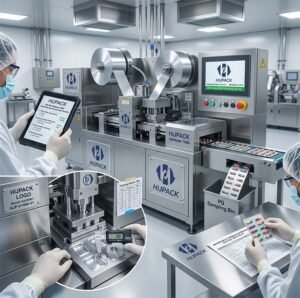 A comprehensive view of the GMP validation process for a pharmaceutical blister packer, featuring a PQ sampling bin and precision testing.