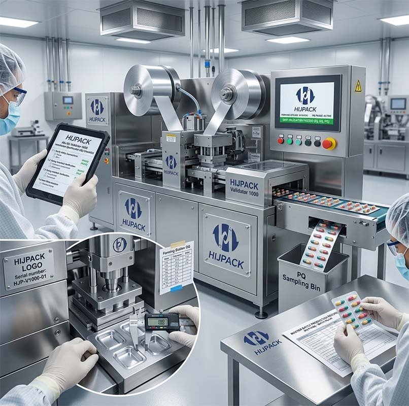 A comprehensive view of the GMP validation process for a pharmaceutical blister packer, featuring a PQ sampling bin and precision testing.