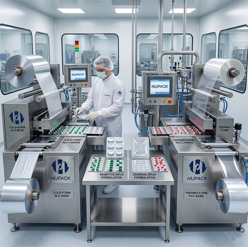 A pharmaceutical blister packaging machine actively processing light blue capsules in a sterile GMP cleanroom. A female operator in full protective gear controls the HMI screen.