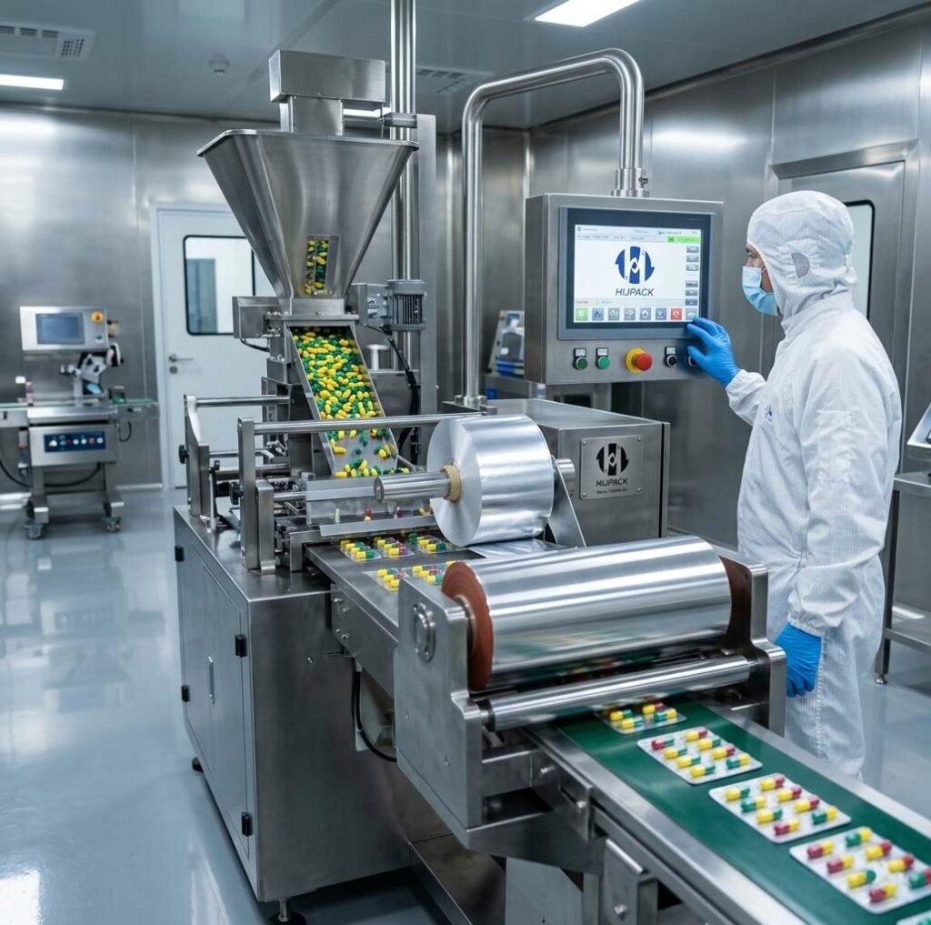 Close-up view of an operational high-speed HIJPACK blister packer, showing transparent PVC forming with light blue capsules and a finished product conveyor belt.