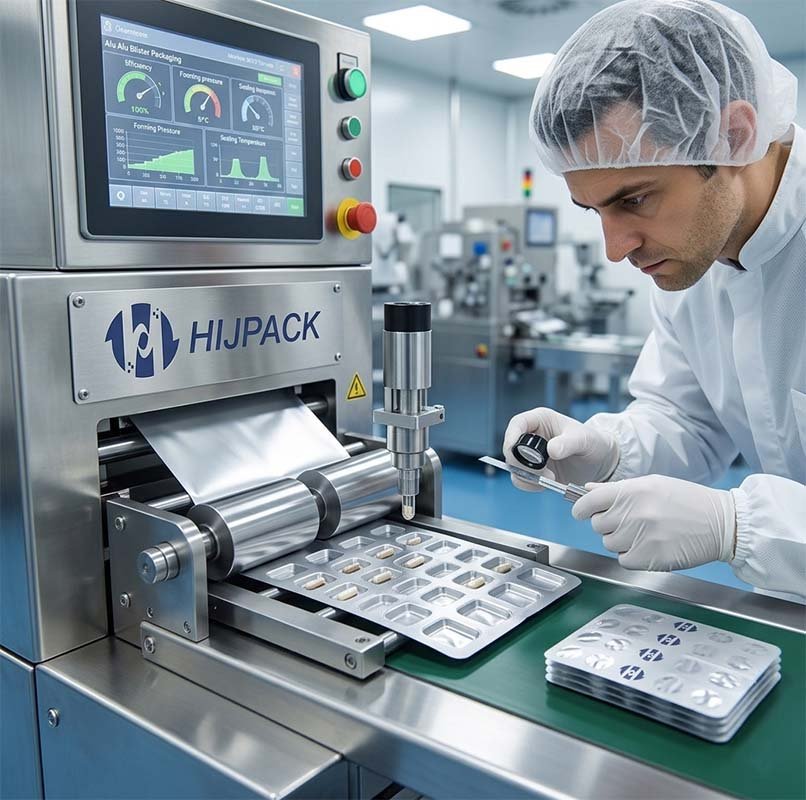 HIJPACK pharmaceutical blister packaging machine on a cleanroom floor, featuring the HMI screen and precision Alu-Alu forming area, designed for compliance with WHO GMP standards for markets in Africa, Asia, and Latin America.