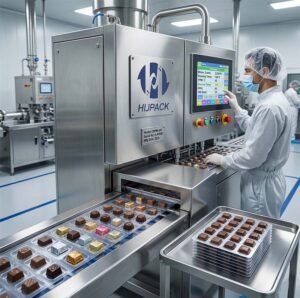 An operational view of a HIJPACK pharmaceutical-grade chocolate blister packing line, designed for confectionery manufacturers aiming for high-standard cleanroom compliance and cost-effective value.