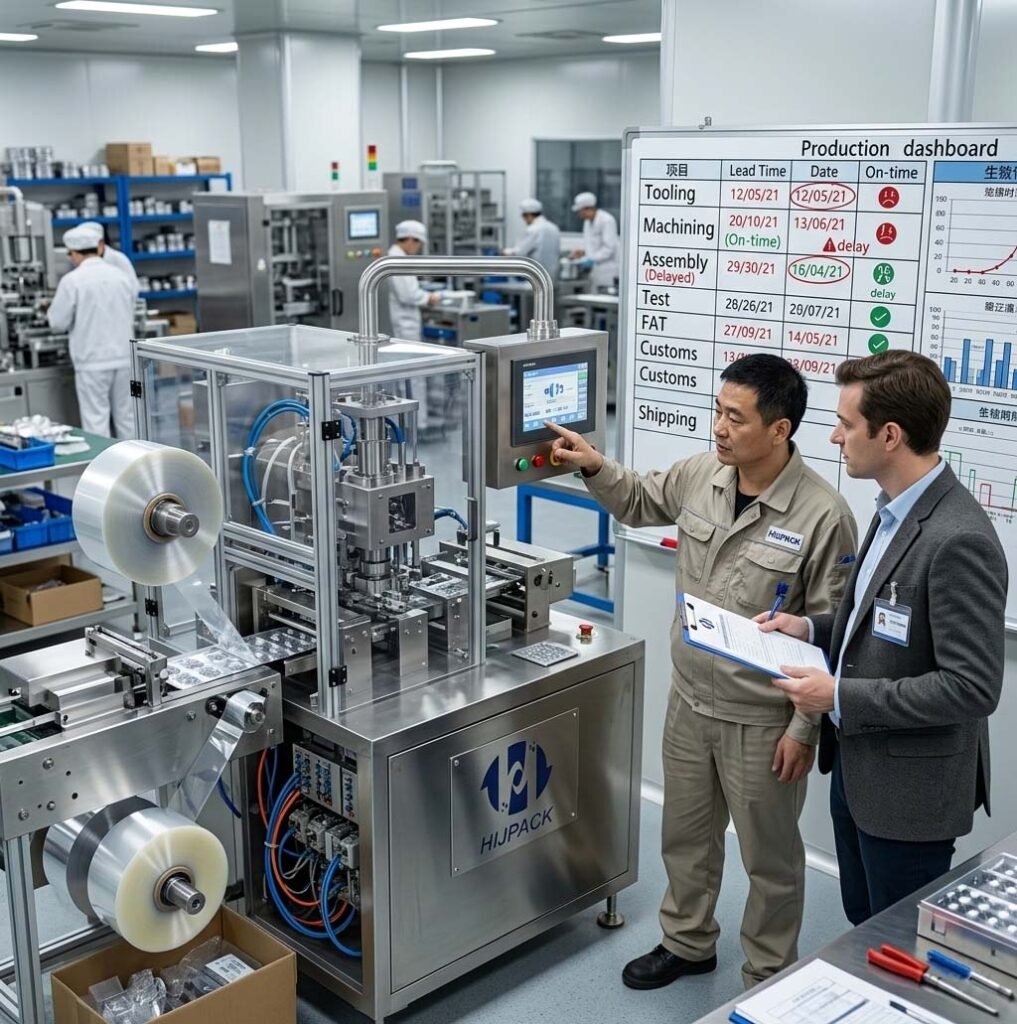 HIJPACK factory floor showing a blister machine assembly and a whiteboard tracking key project milestones like FAT, customs, and shipping.