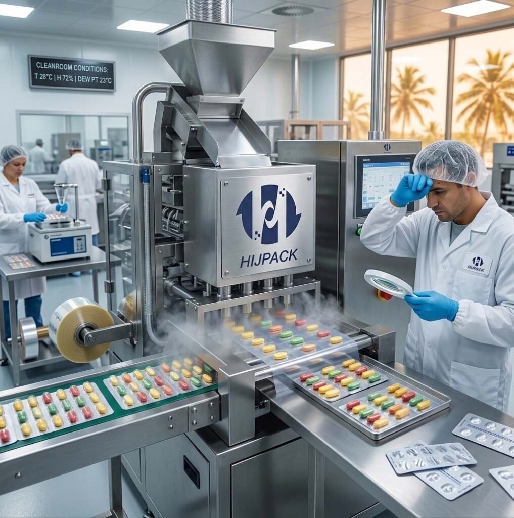 Close-up of HIJPACK packaging equipment in a room showing 72% humidity on a monitor, with an operator checking the seal integrity of colored capsules.