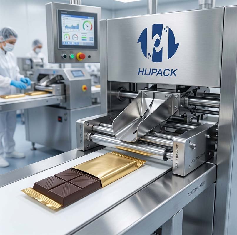 A realistic image of the HIJPACK chocolate bar flow wrapper in a pristine GMP-compliant cleanroom facility, with staff in full protective gear visible in the soft-focus background.