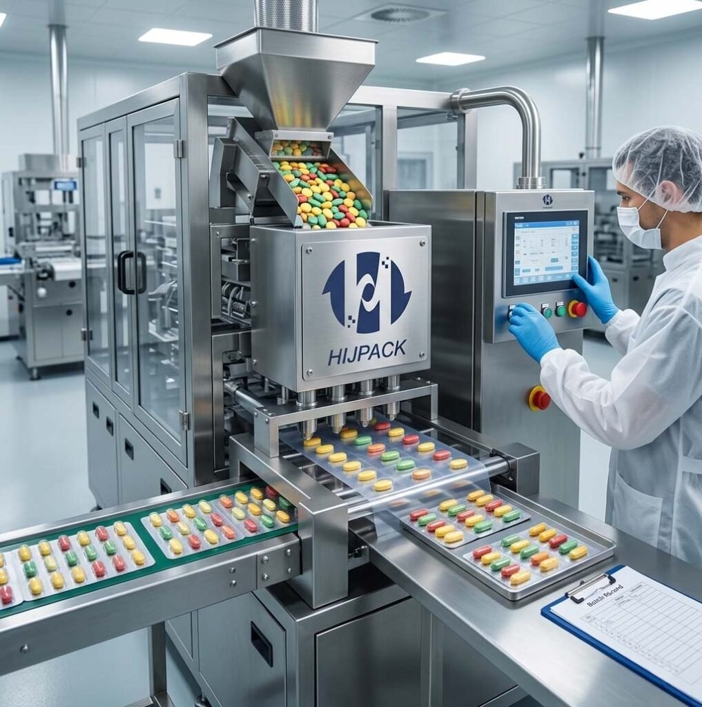 Close-up of HIJPACK machinery processing multi-colored nutraceutical products with an operator managing the HMI screen and production records.
