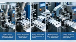 Detailed sequence of a pharmaceutical blister packer operation showing the transformation of raw materials into finished pill packs.
