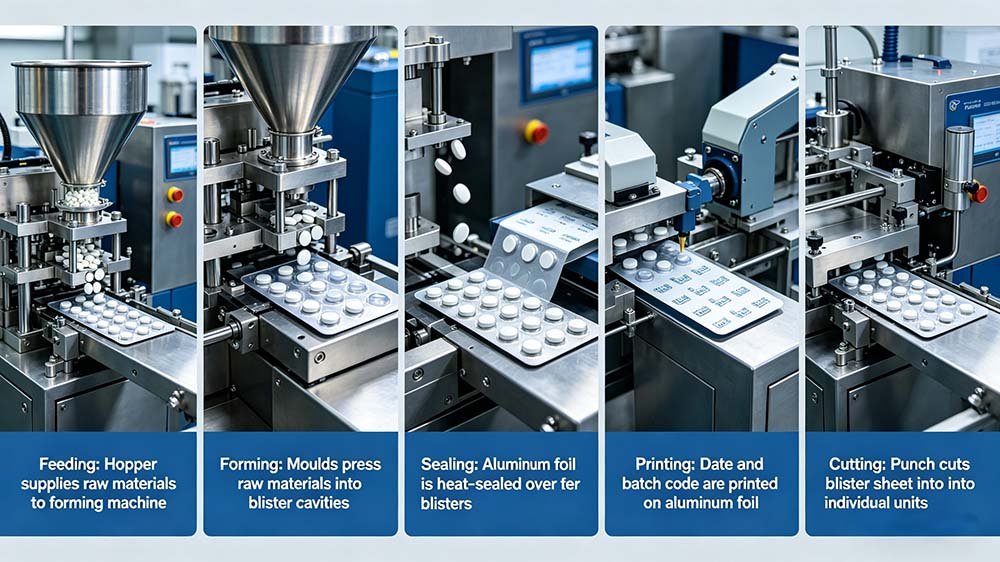 Detailed sequence of a pharmaceutical blister packer operation showing the transformation of raw materials into finished pill packs.