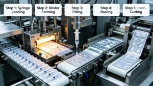 Trustar's automated solution showing how blister packing machine works syringes with integrated loading and cutting units.