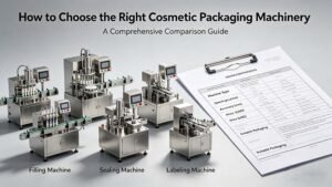 Detailed technical comparison sheet for various cosmetic machines, showing speed and accuracy metrics for the how to choose cosmetic packaging machine process.